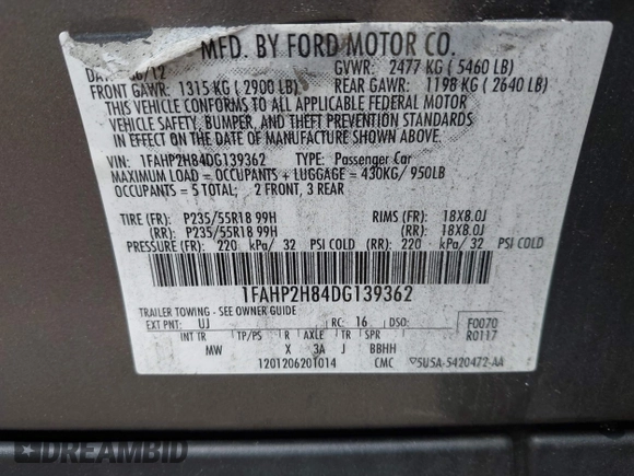 2013 Ford Taurus SEL z VIN 1FAHP2H84DG139362, wystawiony jako IAAI lot #42367272 z przebiegiem 232 500 mil mil oraz . Historia ofert i sprzedaży dostępna na DreamBid. Obrazek 9.