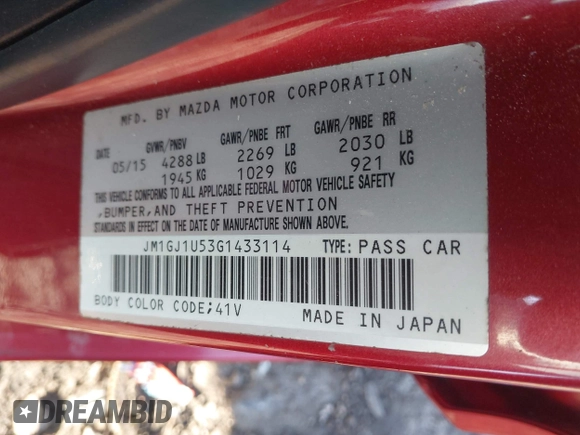 2016 Mazda 6 i Sport with VIN JM1GJ1U53G1433114, listed as a IAAI auction lot 41985647 with 193,142 mi miles and . Bid and sale history available at DreamBid. Image 9.