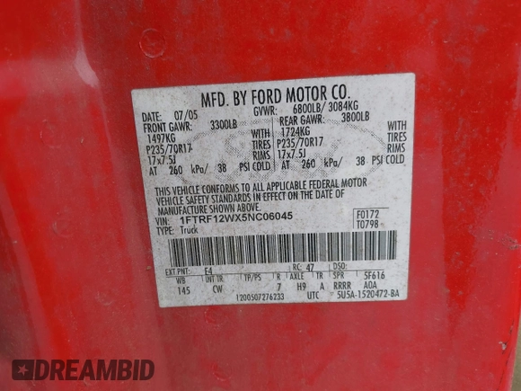 2005 Ford F-150 XL with VIN 1FTRF12WX5NC06045, listed as a IAAI auction lot 41917004 with 296,753 mi miles. Bid and sale history available at carsss.com. Image 9.