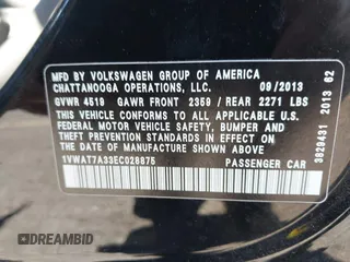 2014 Volkswagen Passat S with VIN 1VWAT7A33EC028875, listed as a IAAI auction lot 42762915 with 137,747 mi miles and . Bid and sale history available at DreamBid. Image 9.