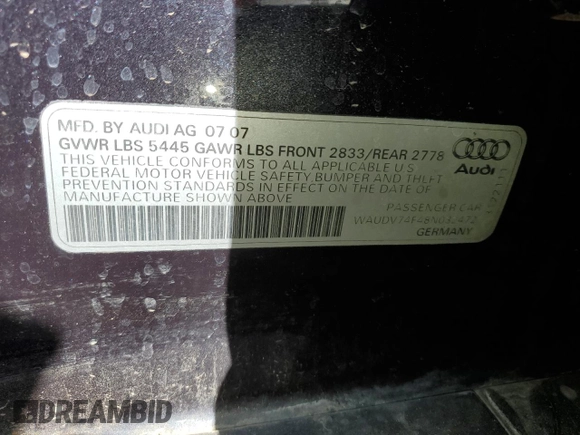 2008 Audi A6 z VIN WAUDV74F48N032472, wystawiony jako Copart lot #44082765 z przebiegiem 162 570 mil mil oraz Czysty tytuł • Clean title. Historia ofert i sprzedaży dostępna na DreamBid. Obrazek 12.