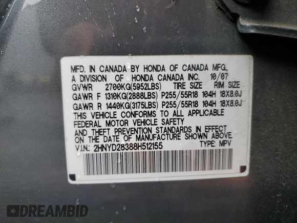 2008 Acura MDX Tech Pkg with VIN 2HNYD28388H512155, listed as a Copart auction lot 80867464 with 142,734 mi miles and Salvage Title. Bid and sale history available at carsss.com. Image 13.