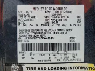 2014 Ford F-150 XL with VIN 1FTFW1ET1EFA43915, listed as a Copart auction lot 53135585 with 176,680 mi miles and Salvage title. Bid and sale history available at DreamBid. Image 14.