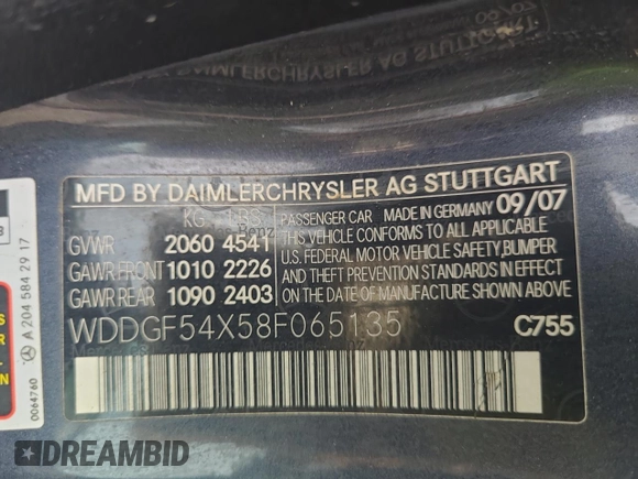 2008 Mercedes-Benz C 300 Sport z VIN WDDGF54X58F065135, wystawiony jako Copart lot #58745715 z przebiegiem 194 540 mil mil oraz Czysty tytuł • Clean title. Historia ofert i sprzedaży dostępna na DreamBid. Obrazek 10.