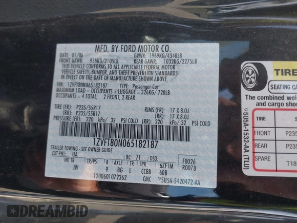 2006 Ford Mustang Standard with VIN 1ZVFT80N065182187, listed as a IAAI auction lot 42453637 with Not provided miles and . Bid and sale history available at DreamBid. Image 9.