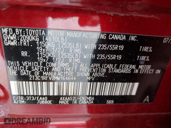 2021 Toyota RAV4 XLE Premium with VIN 2T3C1RFV2MW164644, listed as a Copart auction lot 65607935 with 19,667 mi miles and Salvage title. Bid and sale history available at DreamBid. Image 13.