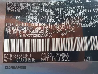 2009 Toyota Sienna XLE with VIN 5TDZK22C99S239755, listed as a IAAI auction lot 42096411 with 214,983 mi miles. Bid and sale history available at carsss.com. Image 9.