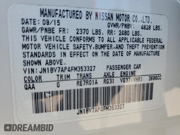 2015 Infiniti Q50 Premium with VIN JN1BV7AP4FM353327, listed as a Copart auction lot 53547505 with 116,344 mi miles and Clean title. Bid and sale history available at DreamBid. Image 12.