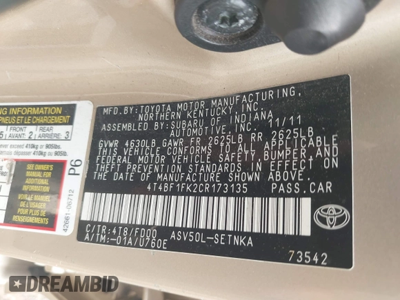 2012 Toyota Camry L z VIN 4T4BF1FK2CR173135, wystawiony jako IAAI lot #40028950 z przebiegiem 240 668 mil mil oraz . Historia ofert i sprzedaży dostępna na DreamBid. Obrazek 9.