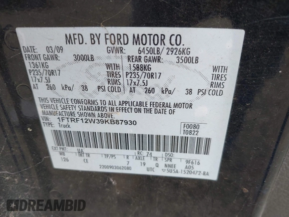 2009 Ford F-150 XL with VIN 1FTRF12W39KB87930, listed as a IAAI auction lot 42367797 with 151,135 mi miles and . Bid and sale history available at DreamBid. Image 9.