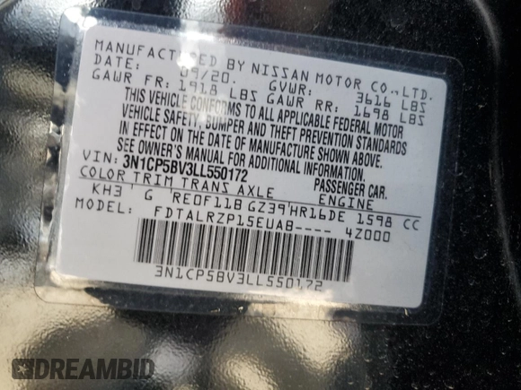 2020 Nissan Kicks S z VIN 3N1CP5BV3LL550172, wystawiony jako Copart lot #52021615 z przebiegiem 70 554 mil mil oraz Szkoda całkowita • Salvage title. Historia ofert i sprzedaży dostępna na DreamBid. Obrazek 13.