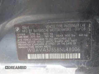 2008 BMW 3 Series 328i with VIN WBAVA37558NL48006, listed as a IAAI auction lot 41255475 with 95,038 mi miles. Bid and sale history available at carsss.com. Image 9.