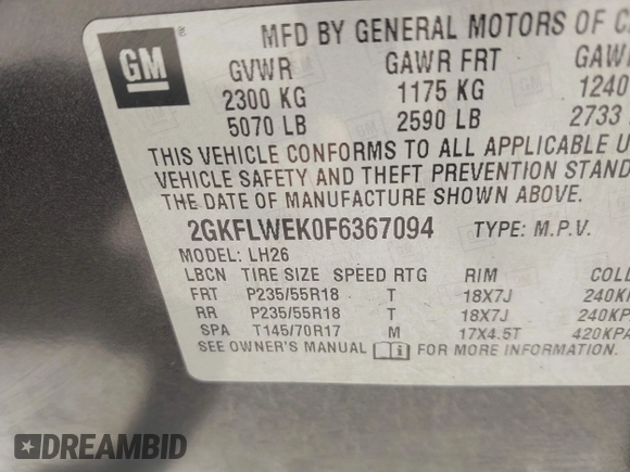 2015 GMC Terrain SLE with VIN 2GKFLWEK0F6367094, listed as a IAAI auction lot 42696206 with 155,768 mi miles and . Bid and sale history available at DreamBid. Image 9.