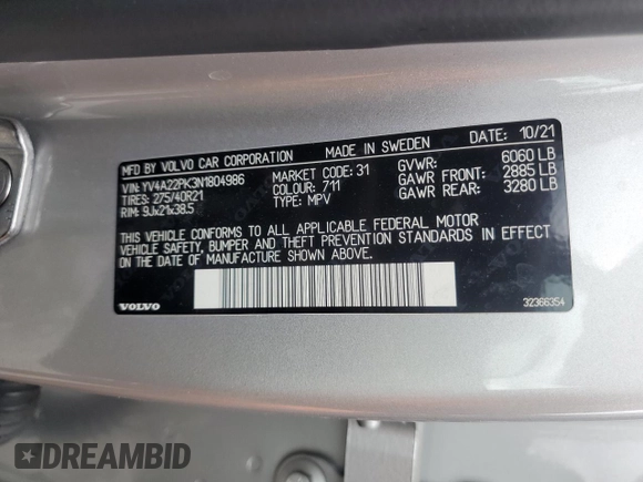 2022 Volvo XC90 Momentum с VIN YV4A22PK3N1804986, выставлен на аукционе Copart как лот 55039555 с пробегом 37 250 миль миль и Списание • Salvage title. История ставок и продаж доступна на DreamBid. Изображение 13.
