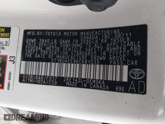 2011 Toyota Corolla L with VIN 2T1BU4EE8BC681039, listed as a IAAI auction lot 41798321 with 195,583 mi miles. Bid and sale history available at carsss.com. Image 9.