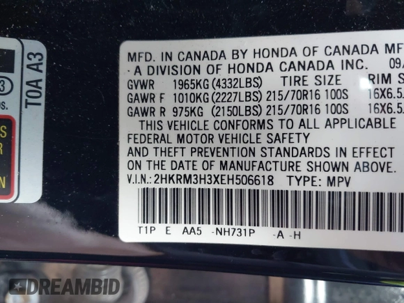 2014 Honda CR-V LX with VIN 2HKRM3H3XEH506618, listed as a IAAI auction lot 41088127 with 176,048 mi miles. Bid and sale history available at carsss.com. Image 9.