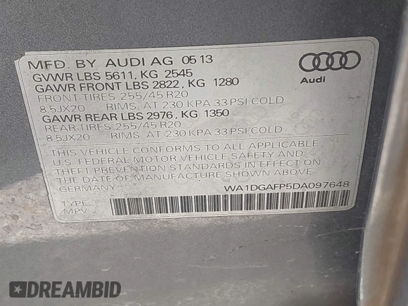 2013 Audi Q5 Premium Plus z VIN WA1DGAFP5DA097648, wystawiony jako IAAI lot #42291971 z przebiegiem 214 531 mil mil oraz . Historia ofert i sprzedaży dostępna na DreamBid. Obrazek 9.