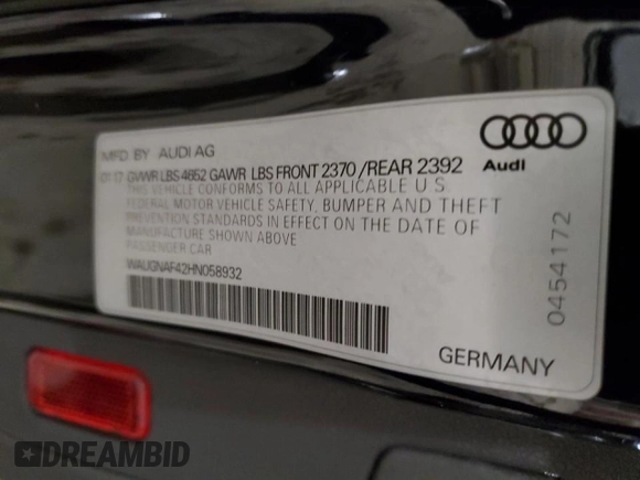 2017 Audi A4 Premium with VIN WAUGNAF42HN058932, listed as a Copart auction lot 44778245 with 124,281 mi miles and Salvage Title. Bid and sale history available at carsss.com. Image 14.