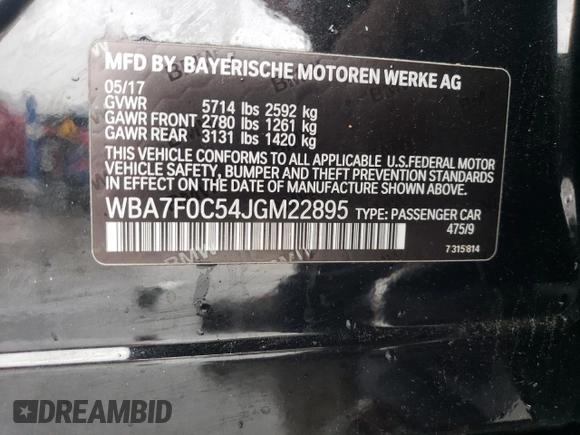 2018 BMW 7 Series 750i with VIN WBA7F0C54JGM22895, listed as a Copart auction lot 44083875 with 0 mi miles and Clean Title. Bid and sale history available at carsss.com. Image 12.