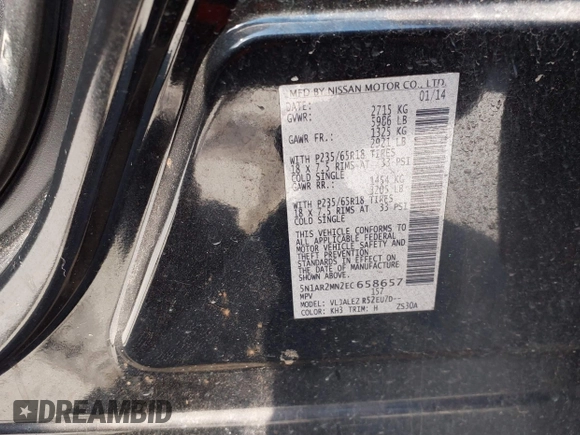 2014 Nissan Pathfinder SV with VIN 5N1AR2MN2EC658657, listed as a IAAI auction lot 42081432 with 170,905 mi miles. Bid and sale history available at carsss.com. Image 9.