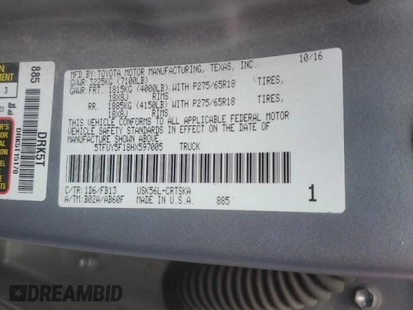 2017 Toyota Tundra SR z VIN 5TFUY5F18HX597005, wystawiony jako Copart lot #43058665 z przebiegiem 58 090 mil mil oraz Szkoda całkowita • Salvage title. Historia ofert i sprzedaży dostępna na DreamBid. Obrazek 12.