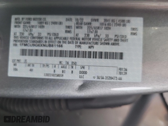 2022 Ford Escape SE с VIN 1FMCU9G6XNUB81166, выставлен на аукционе IAAI как лот 42791502 с пробегом 68 729 миль миль и . История ставок и продаж доступна на DreamBid. Изображение 28.