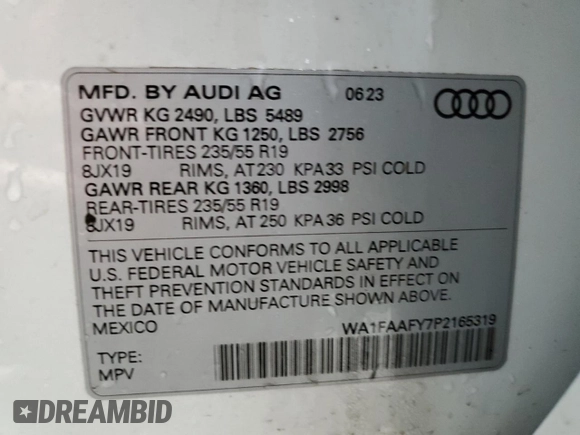 2023 Audi Q5 S line Prestige z VIN WA1FAAFY7P2165319, wystawiony jako Copart lot #83750474 z przebiegiem Nie podano mil oraz Szkoda całkowita • Salvage title. Historia ofert i sprzedaży dostępna na DreamBid. Obrazek 13.