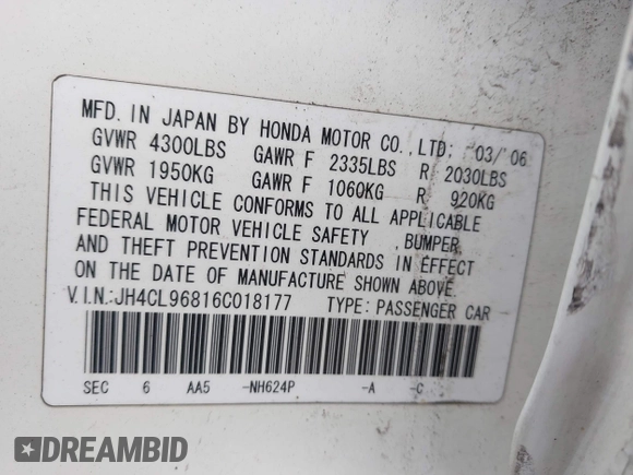 2006 Acura TSX z VIN JH4CL96816C018177, wystawiony jako IAAI lot #42071755 z przebiegiem 178 992 mil mil oraz . Historia ofert i sprzedaży dostępna na DreamBid. Obrazek 9.