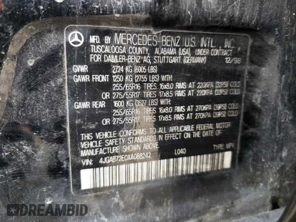 1999 Mercedes-Benz M 320/430/500 z VIN 4JGAB72E0XA088242, wystawiony jako Copart lot #54570284 z przebiegiem Nie podano mil oraz Szkoda całkowita • Salvage title. Historia ofert i sprzedaży dostępna na DreamBid. Obrazek 13.