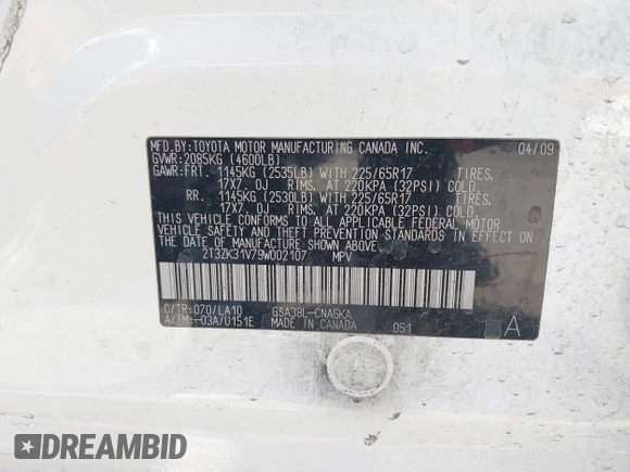 2009 Toyota RAV4 Limited с VIN 2T3ZK31V79W002107, выставлен на аукционе IAAI как лот 42087574 с пробегом 150 230 миль миль и . История ставок и продаж доступна на DreamBid. Изображение 9.