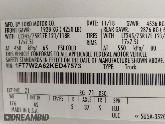 2019 Ford Super Duty F-250 SRW XL with VIN 1FT7W2A62KED47573, listed as a IAAI auction lot 42101066 with 26,075 mi miles. Bid and sale history available at carsss.com. Image 9.
