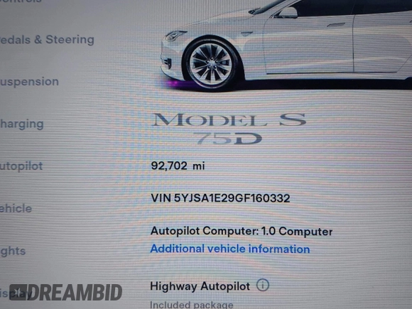 2016 Tesla Model S 90D z VIN 5YJSA1E29GF160332, wystawiony jako IAAI lot #42593749 z przebiegiem 92 702 mil mil oraz . Historia ofert i sprzedaży dostępna na DreamBid. Obrazek 7.