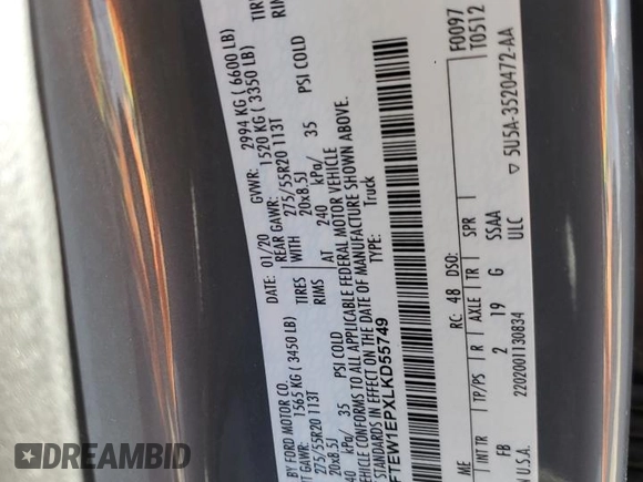 2020 Ford F-150 XL with VIN 1FTEW1EPXLKD55749, listed as a Copart auction lot 88513225 with 102,147 mi miles and Salvage Title. Bid and sale history available at carsss.com. Image 12.