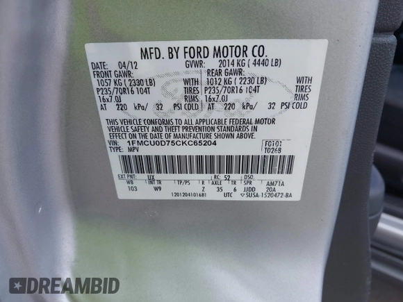 2012 Ford Escape XLT z VIN 1FMCU0D75CKC65204, wystawiony jako IAAI lot #42483981 z przebiegiem 201 371 mil mil oraz . Historia ofert i sprzedaży dostępna na DreamBid. Obrazek 9.
