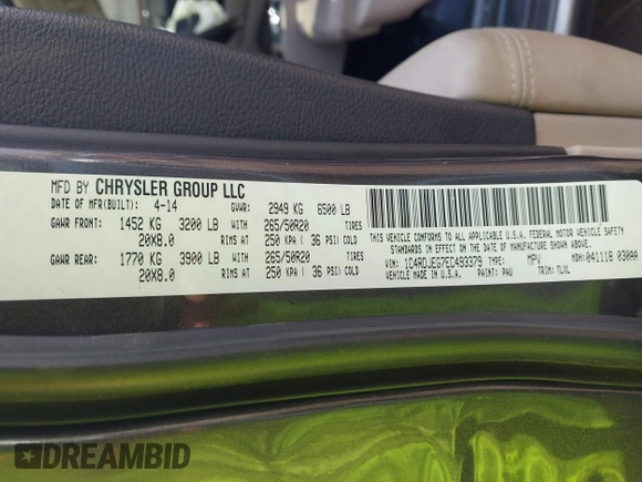 2014 Dodge Durango Citadel with VIN 1C4RDJEG7EC493379, listed as a IAAI auction lot 42159732 with 184,373 mi miles and . Bid and sale history available at DreamBid. Image 9.