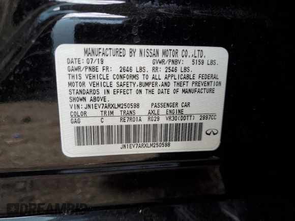2020 Infiniti Q50 Pure with VIN JN1EV7ARXLM250598, listed as a Copart auction lot 50798135 with 76,069 mi miles and Salvage title. Bid and sale history available at DreamBid. Image 12.