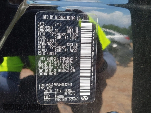2017 Infiniti QX80 with VIN JN8AZ2NF8H9642741, listed as a IAAI auction lot 42563237 with 156,707 mi miles and . Bid and sale history available at DreamBid. Image 9.
