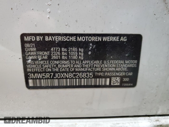 2022 BMW 3 Series 330i xDrive with VIN 3MW5R7J0XN8C26835, listed as a Copart auction lot 42025995 with 49,189 mi miles and Salvage Title. Bid and sale history available at carsss.com. Image 12.