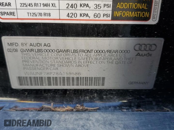 2008 Audi A3 with VIN WAUNF78P28A159586, listed as a Copart auction lot 76493244 with 0 mi miles and Salvage Title. Bid and sale history available at carsss.com. Image 13.