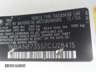 2007 BMW 5 Series 530xi with VIN WBANF73557CU28415, listed as a IAAI auction lot 41625567 with 191,140 mi miles and . Bid and sale history available at carsss.com. Image 9.