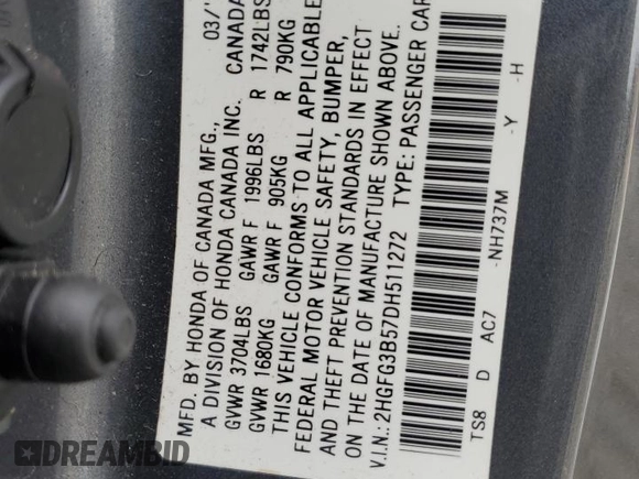 2013 Honda Civic Cpe LX with VIN 2HGFG3B57DH511272, listed as a Copart auction lot 47743905 with 130,121 mi miles and Salvage Title. Bid and sale history available at carsss.com. Image 12.
