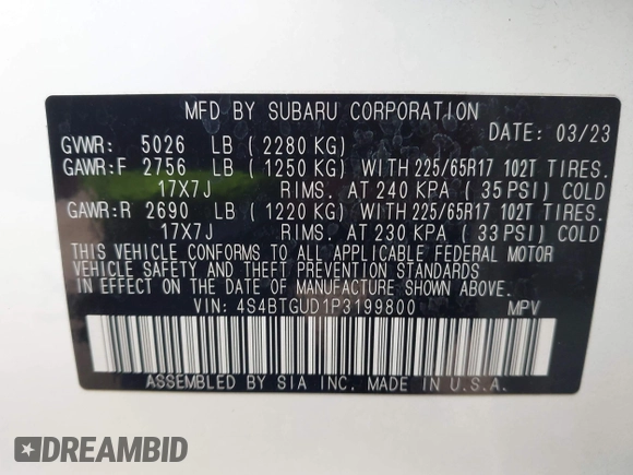 2023 Subaru Outback Wilderness with VIN 4S4BTGUD1P3199800, listed as a IAAI auction lot 42067858 with 33,011 mi miles and . Bid and sale history available at DreamBid. Image 9.