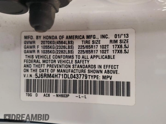 2013 Honda CR-V EX-L z VIN 5J6RM4H71DL043779, wystawiony jako Copart lot #57097155 z przebiegiem 107 811 mil mil oraz Szkoda całkowita • Salvage title. Historia ofert i sprzedaży dostępna na DreamBid. Obrazek 13.