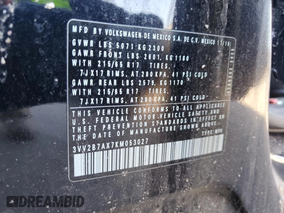 2019 Volkswagen Tiguan SE with VIN 3VV2B7AX7KM053027, listed as a Copart auction lot 48561225 with 67,459 mi miles and Salvage Title. Bid and sale history available at DreamBid. Image 15.