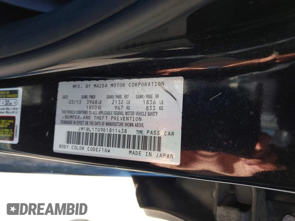 2013 Mazda 3 i SV with VIN JM1BL1TG9D1811438, listed as a IAAI auction lot 42185413 with 182,261 mi miles. Bid and sale history available at carsss.com. Image 9.