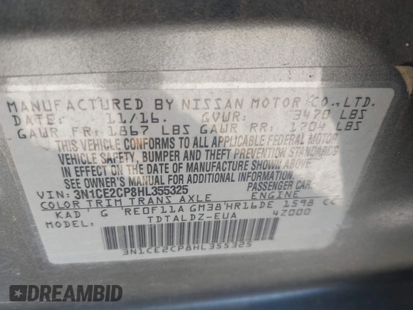 2017 Nissan Note SV с VIN 3N1CE2CP8HL355325, выставлен на аукционе IAAI как лот 42514390 с пробегом 6 440 миль миль и . История ставок и продаж доступна на DreamBid. Изображение 9.