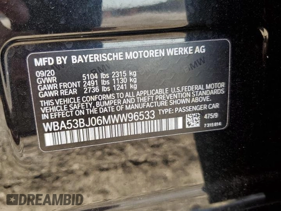 2021 BMW 5 Series 540i with VIN WBA53BJ06MWW96533, listed as a Copart auction lot 48283535 with 65,016 mi miles and Salvage Title. Bid and sale history available at DreamBid. Image 14.