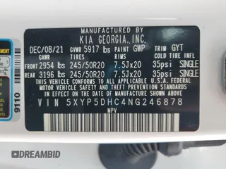 2022 Kia Telluride SX with VIN 5XYP5DHC4NG246878, listed as a Copart auction lot 53705855 with 58,265 mi miles and Salvage title. Bid and sale history available at DreamBid. Image 13.