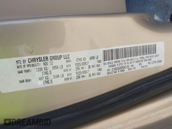 2013 Dodge Grand Caravan SE with VIN 2C4RDGBG9DR642162, listed as a IAAI auction lot 42113378 with 182,370 mi miles and . Bid and sale history available at DreamBid. Image 9.