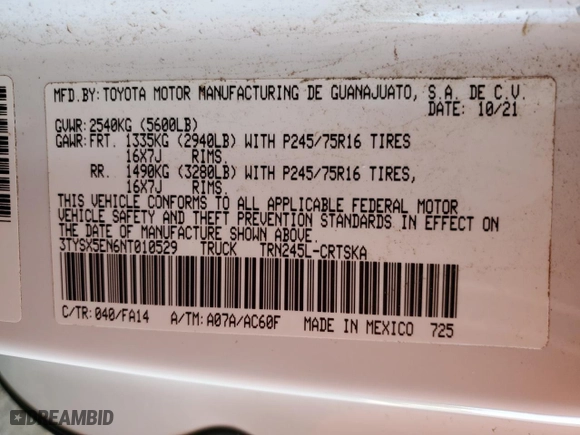 2022 Toyota Tacoma 4WD SR with VIN 3TYSX5EN6NT010529, listed as a Copart auction lot 82583684 with 12,675 mi miles and Salvage Title. Bid and sale history available at carsss.com. Image 12.